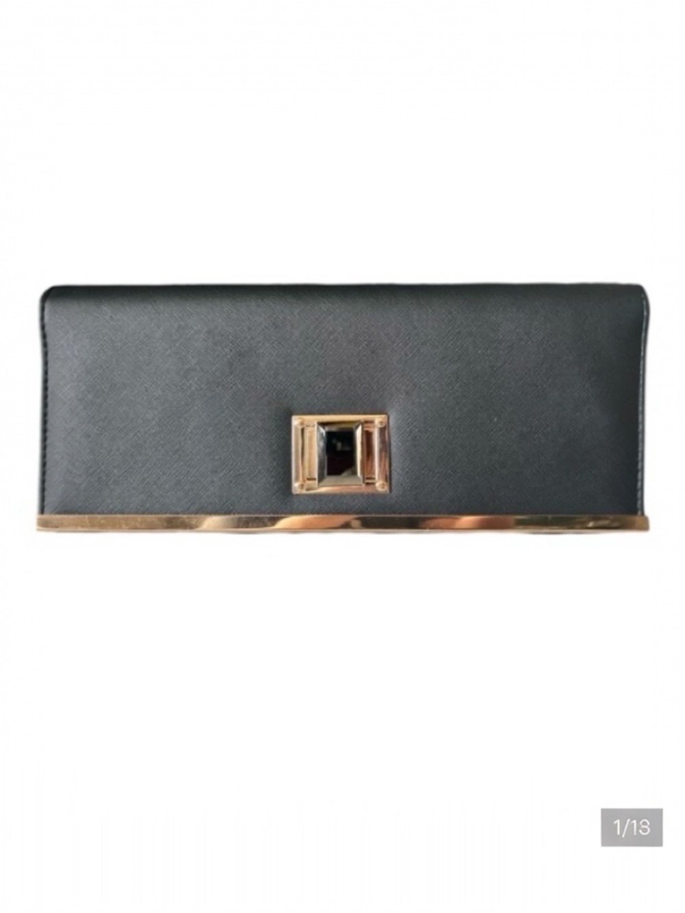 Rebecca & Rifka Black Faux Saffiano TurnLock Crossbody Clutch with Gold Chain